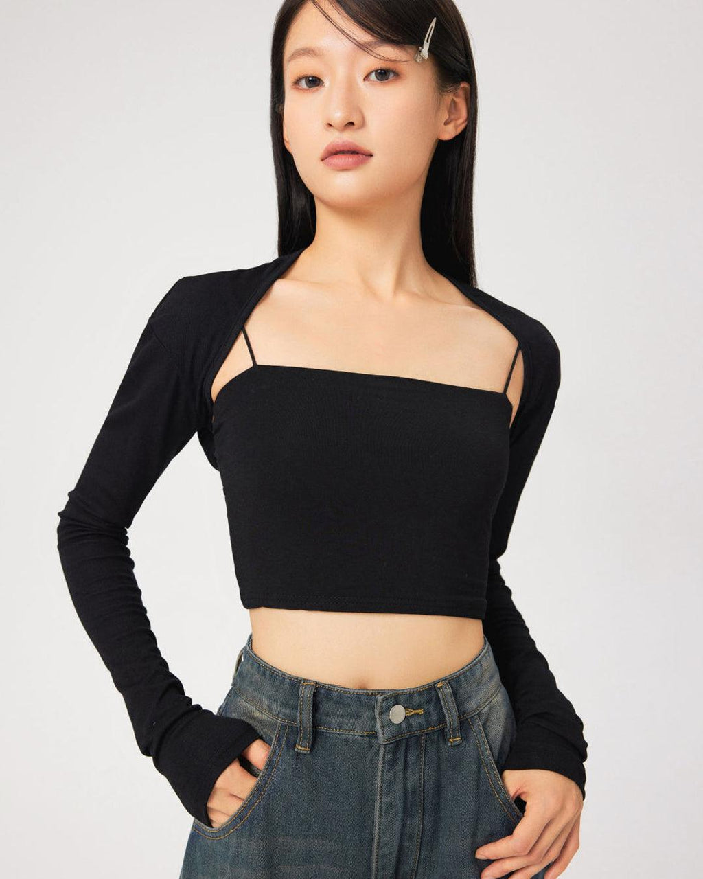 Stretch Full Sleeve Cropped Shrug in Black