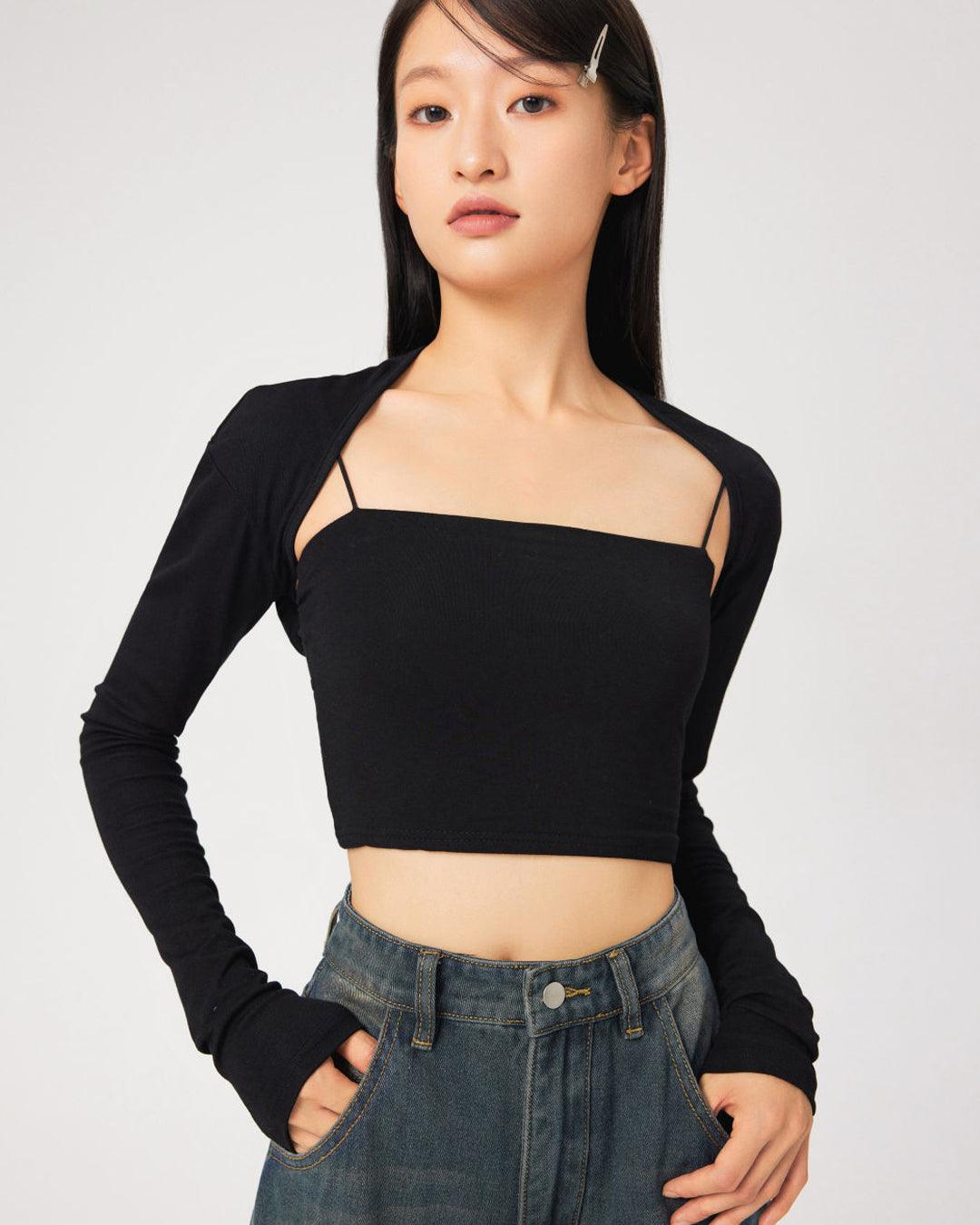 Stretch Full Sleeve Cropped Shrug in Black