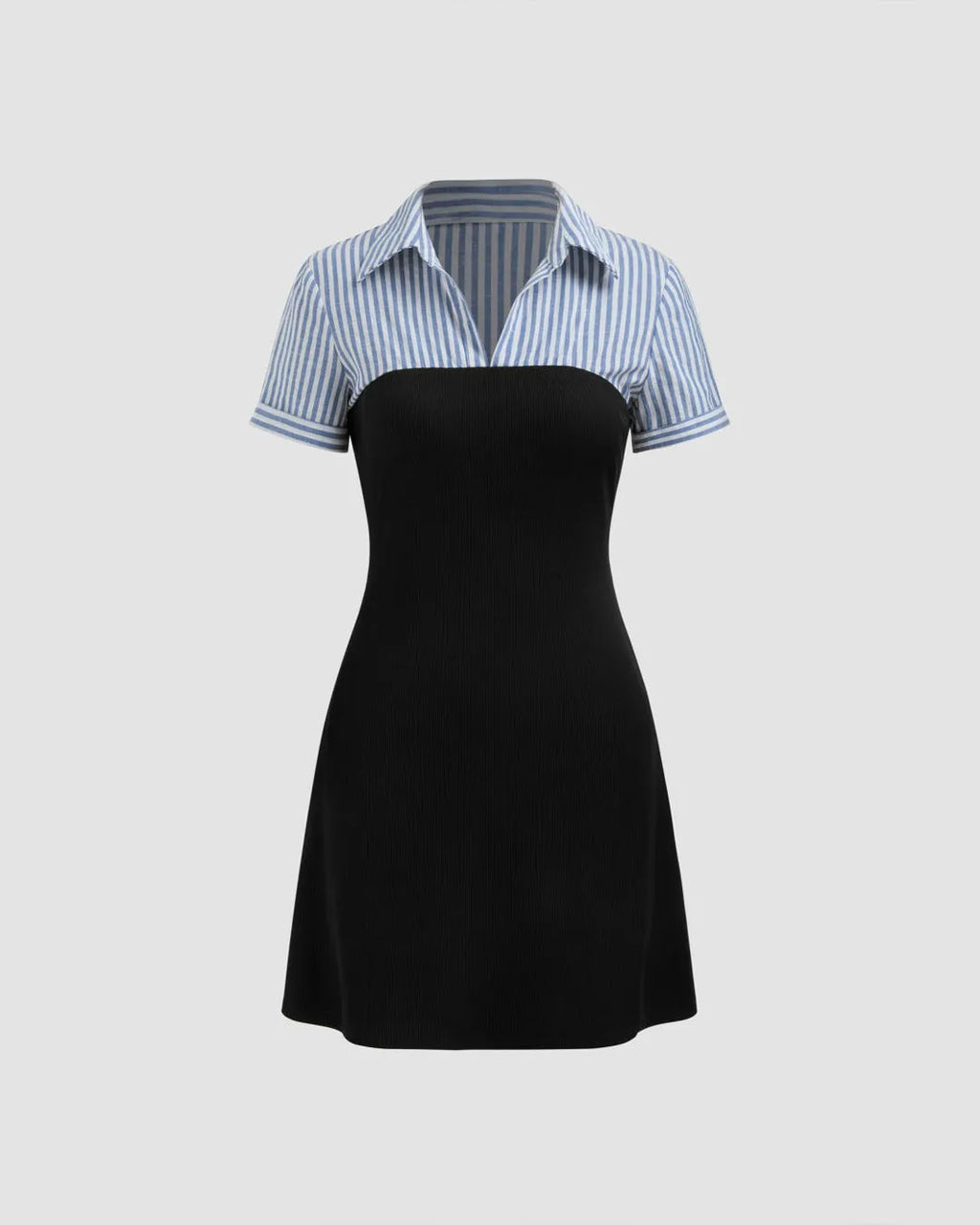 Striped Blue Shirt Collar Contrast Black Mini Dress