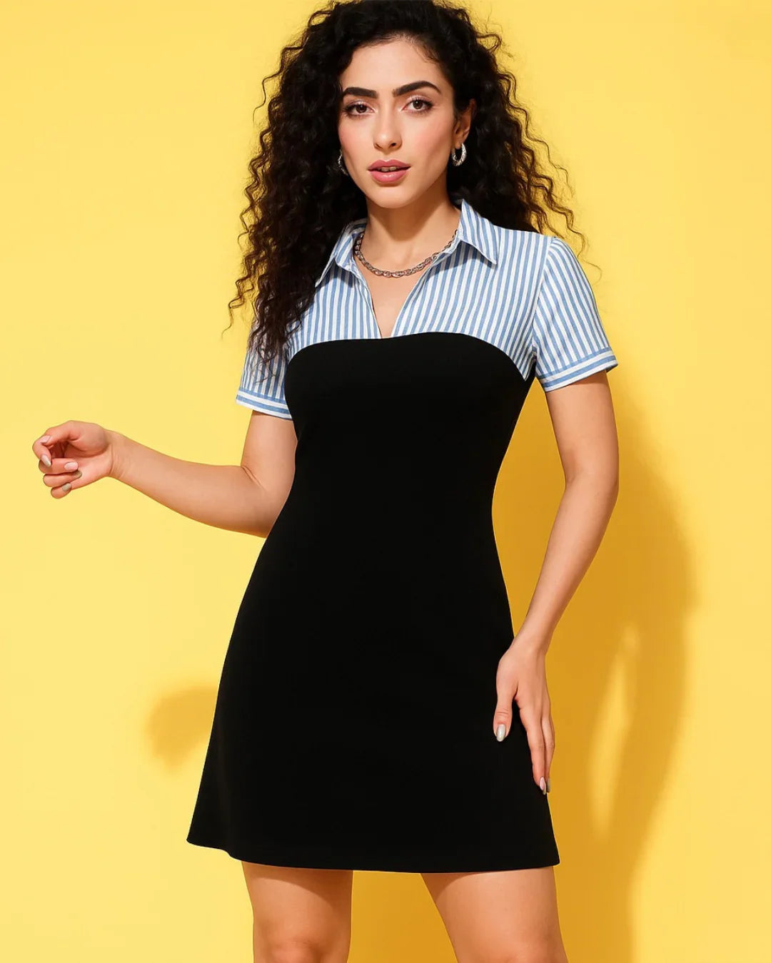 Striped Blue Shirt Collar Contrast Black Mini Dress