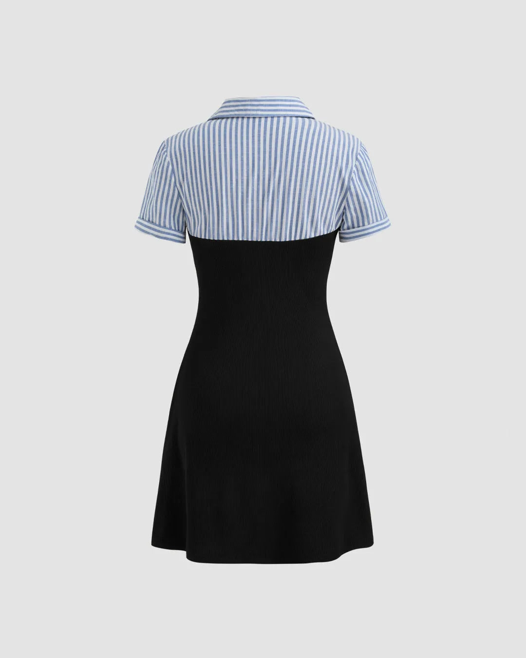 Striped Blue Shirt Collar Contrast Black Mini Dress
