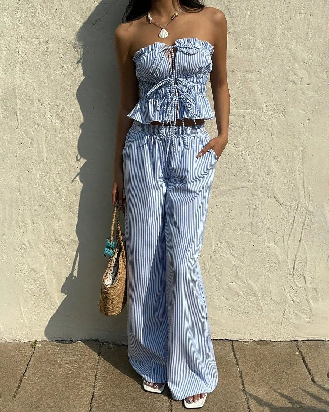 Striped Co-ord Set With Tie Front And Ruffle Detail Top & Long Pants