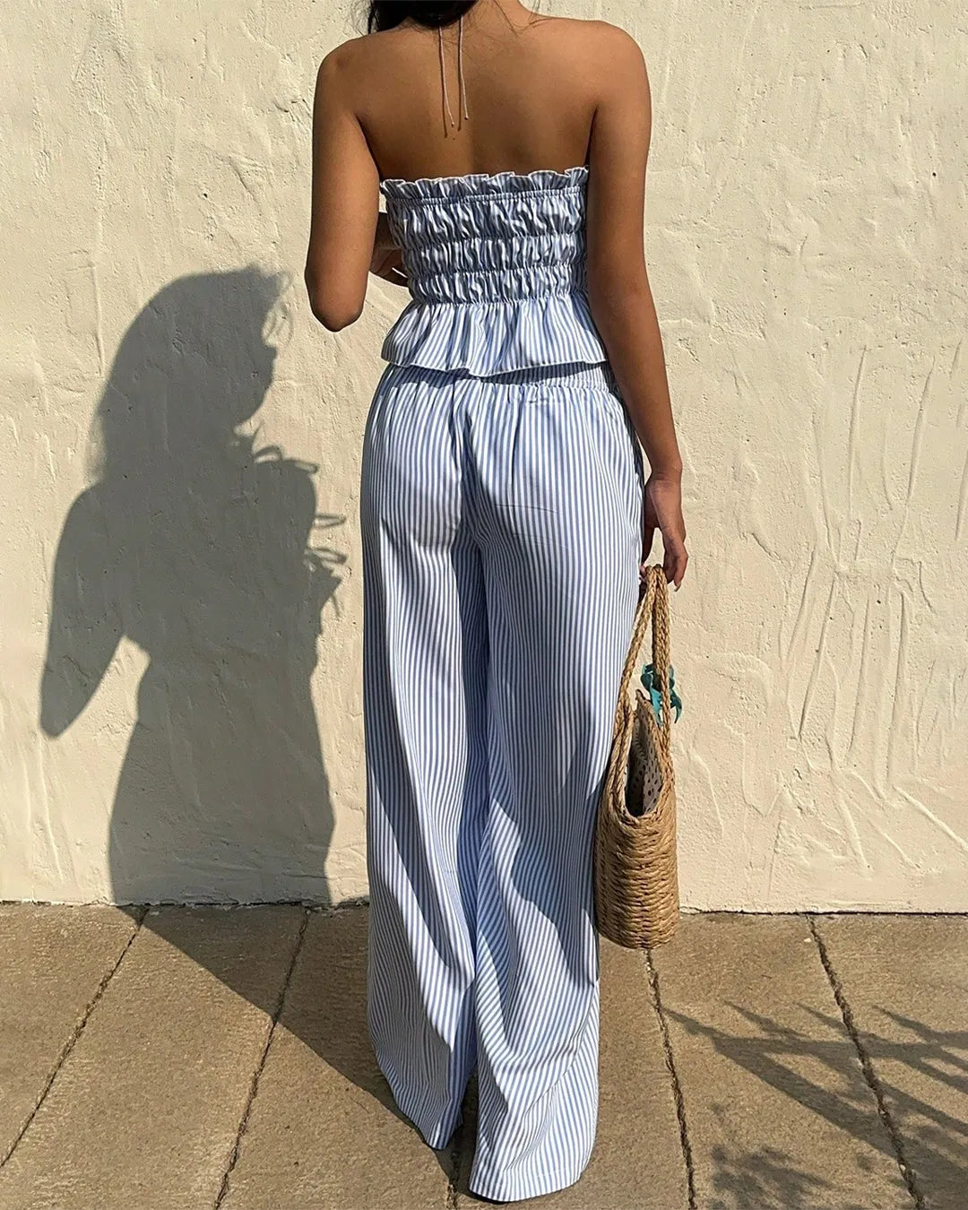 Striped Co-ord Set With Tie Front And Ruffle Detail Top & Long Pants