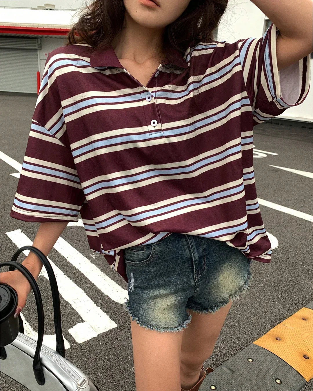 Striped Collar Neck Oversized Baggy T-Shirt