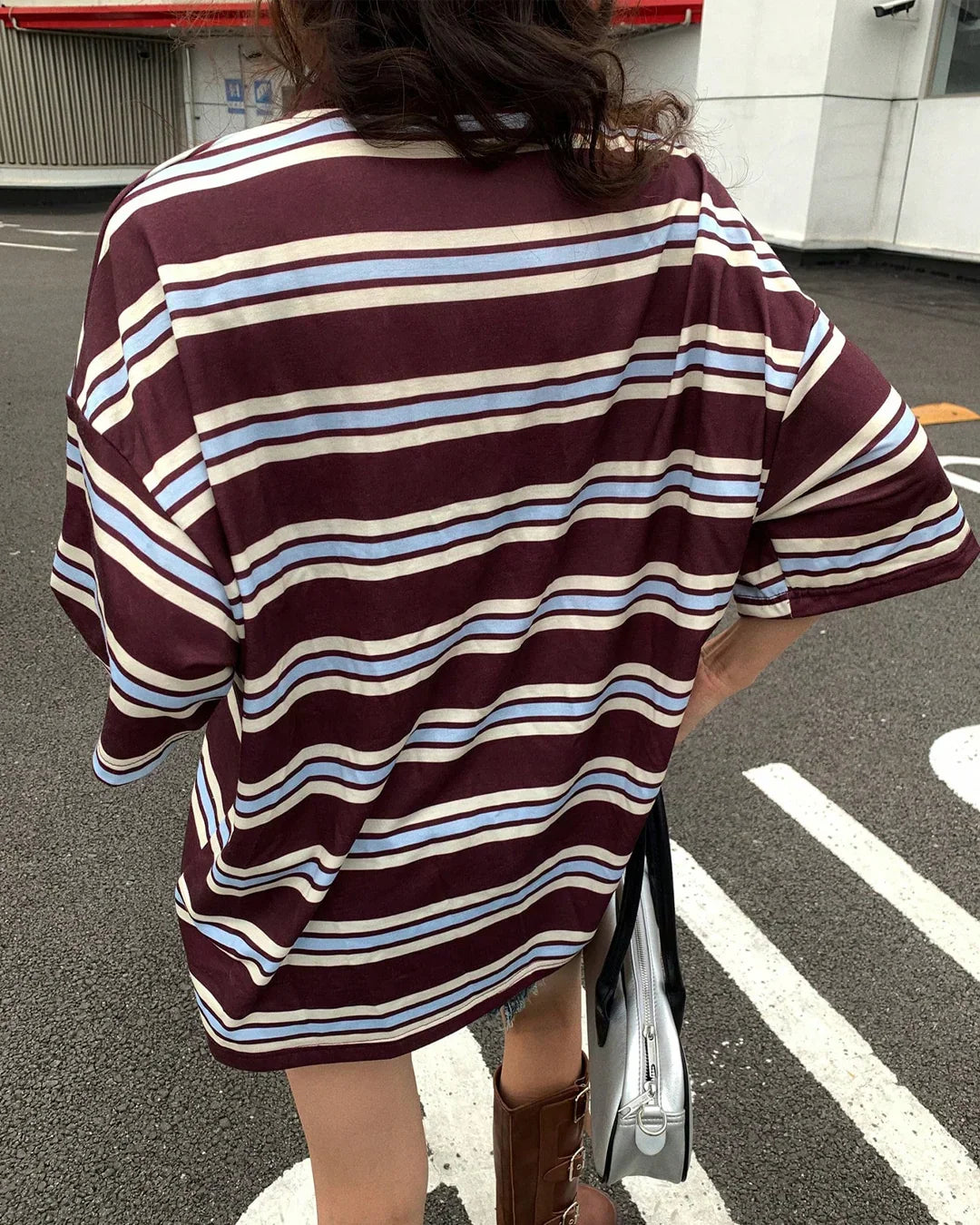 Striped Collar Neck Oversized Baggy T-Shirt