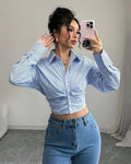 Striped Collared Neck Ruched Waist Crop Shirt in Blue and White
