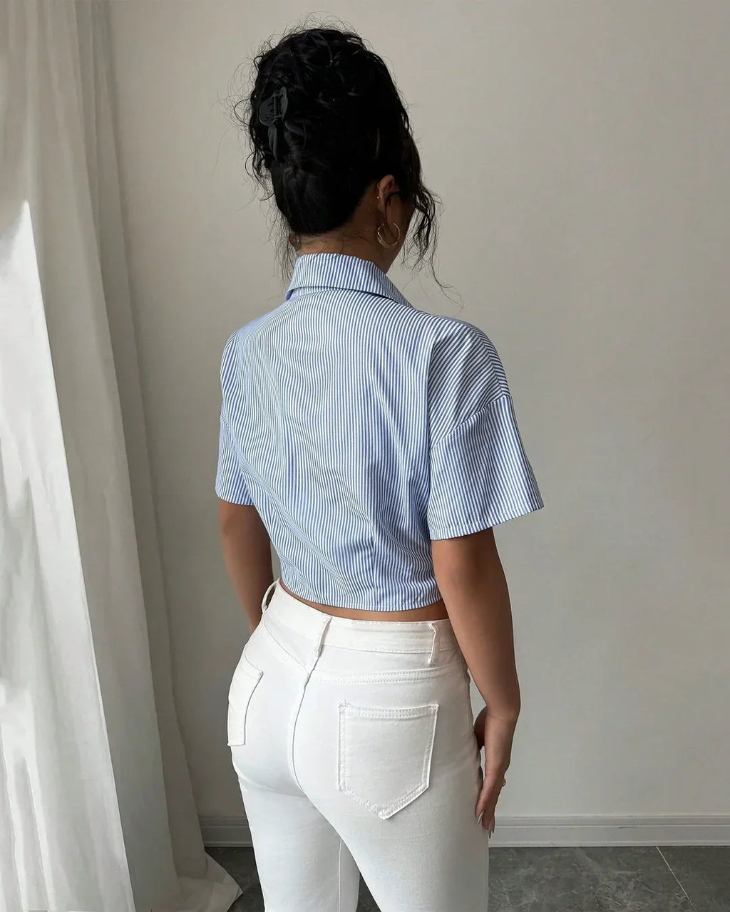 Striped Collared Ruched Crop Shirt