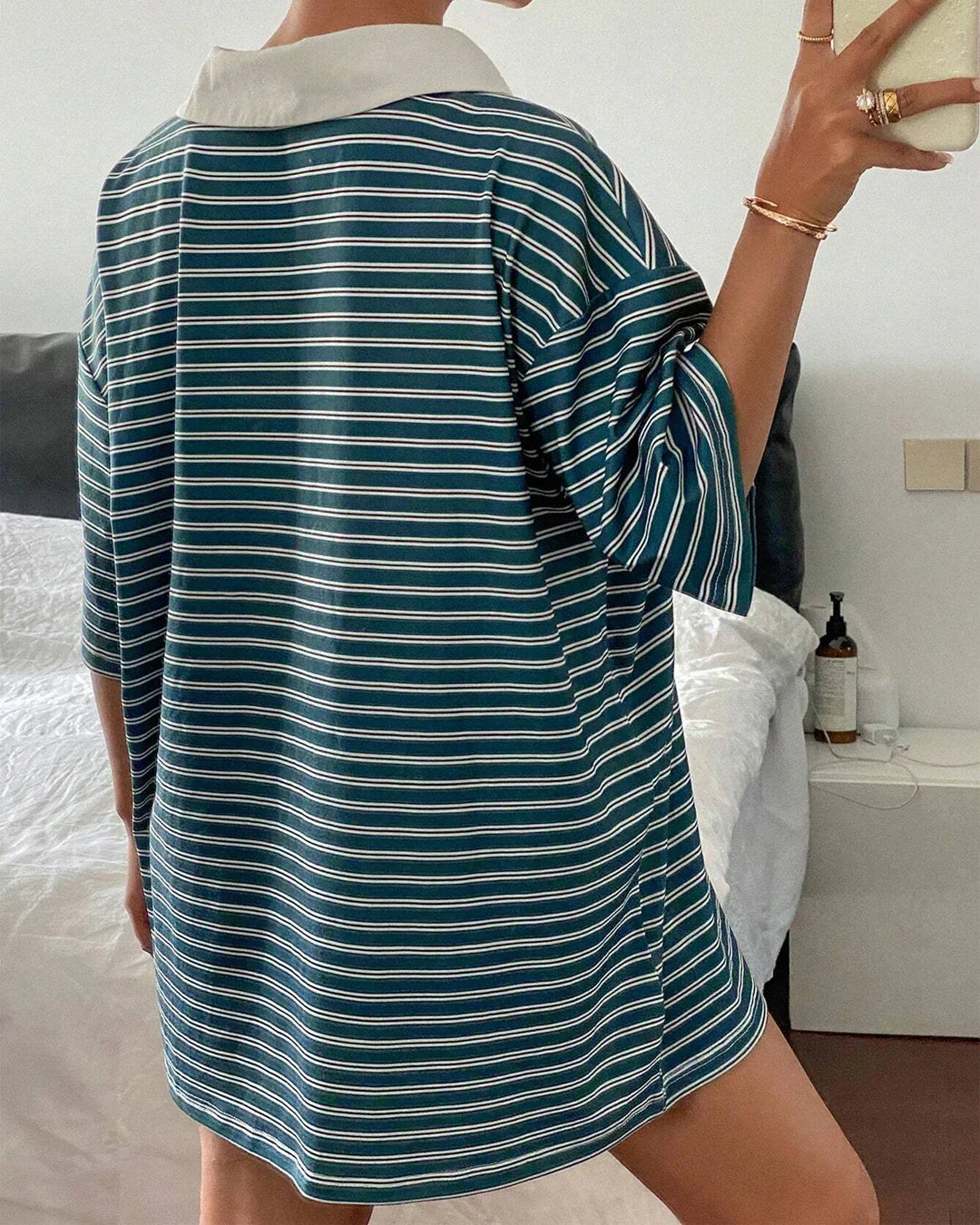 Striped Front Button Collar Neck Half Sleeve Top