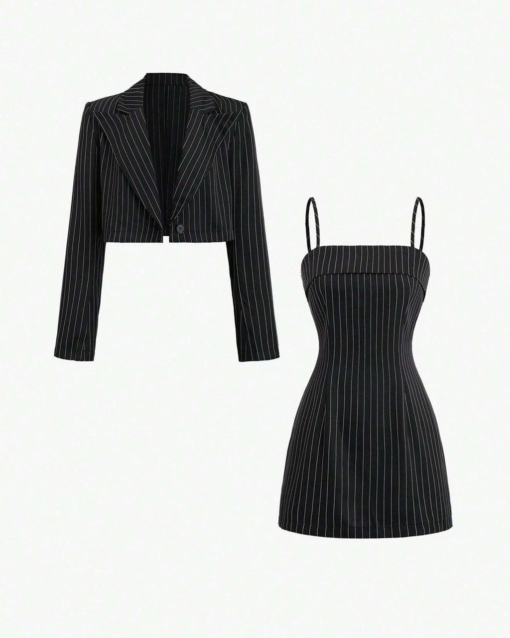 Striped Shirt With Lapel Collar & Spaghetti Strap Dress Set