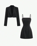 Striped Shirt With Lapel Collar & Spaghetti Strap Dress Set