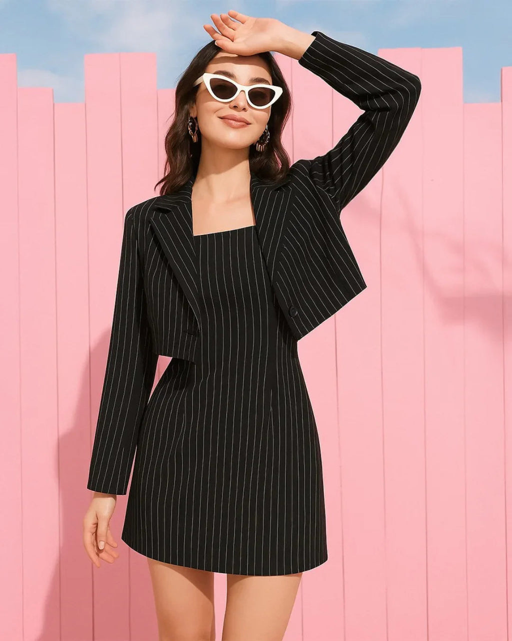 Striped Shirt With Lapel Collar & Spaghetti Strap Dress Set