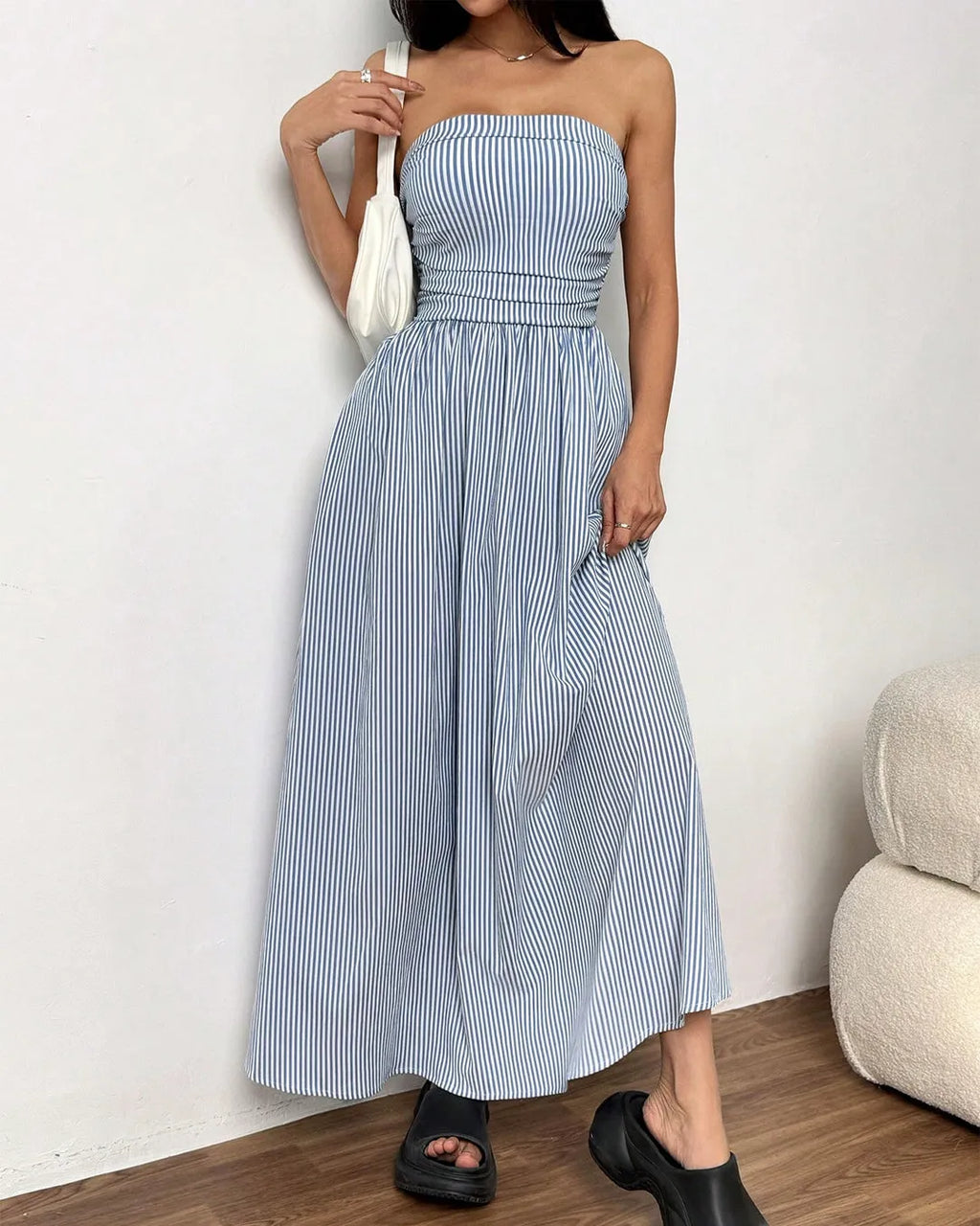 Striped Strapless Maxi Dress with Ruched Bodice and Flowy Skirt