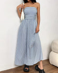 Striped Strapless Maxi Dress with Ruched Bodice and Flowy Skirt