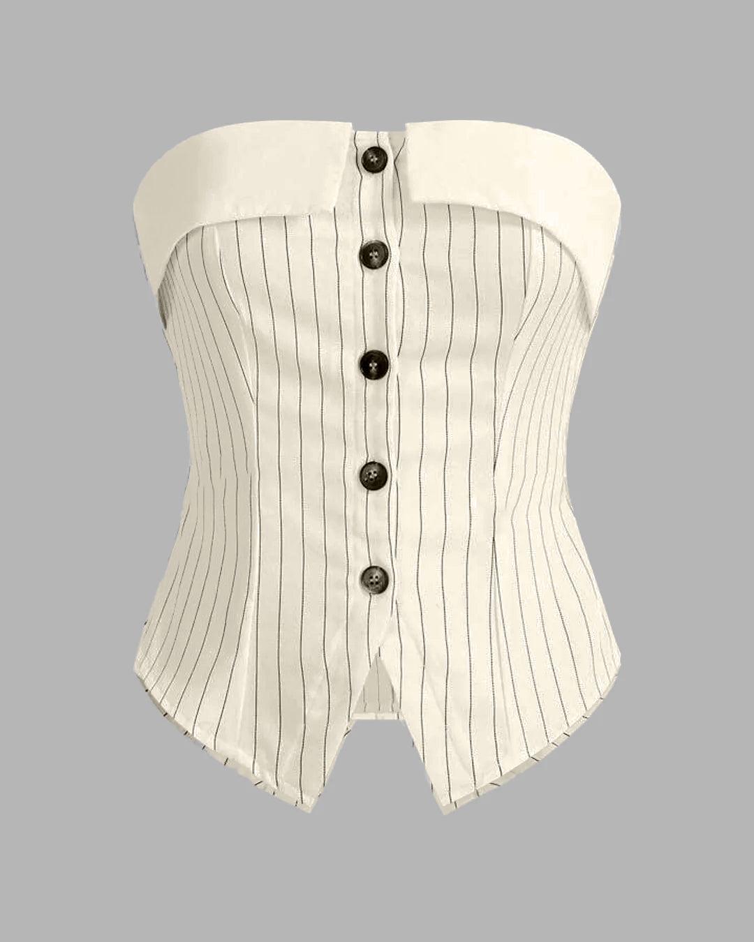 Striped Suit Off-White Fabric Button Front Bandeau Top