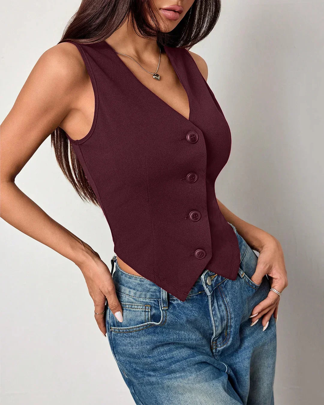 Structured V-Neck Buttoned Sleeveless Vest Top in Maroon