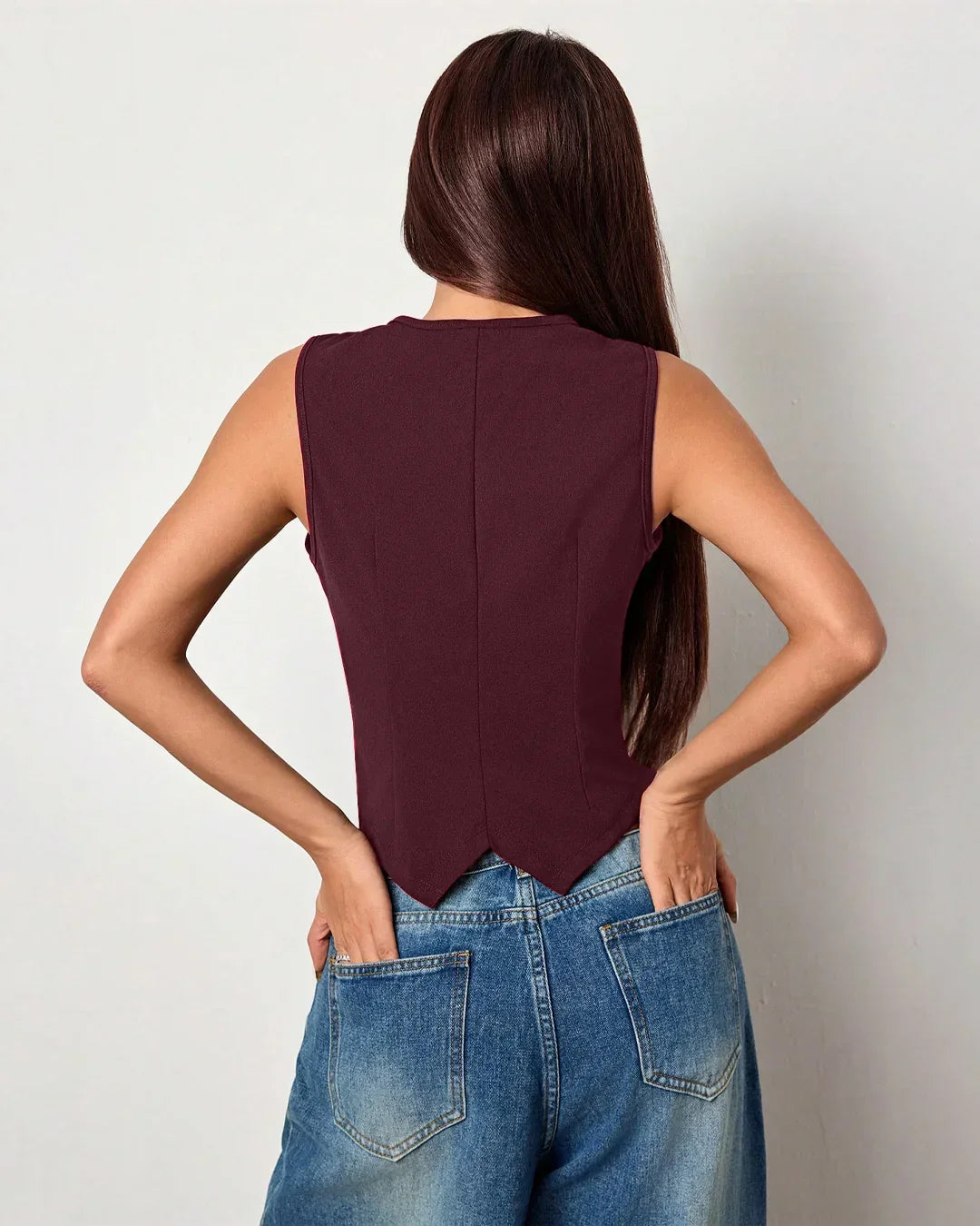 Structured V-Neck Buttoned Sleeveless Vest Top in Maroon