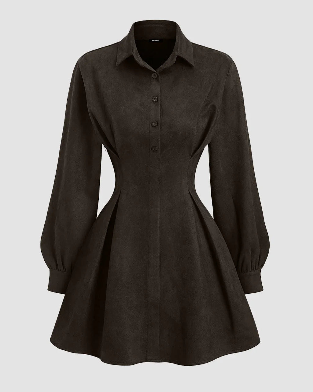 Suede Collared A-Line Mini Dress with Ruched Waist in Dark Brown