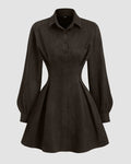 Suede Collared A-Line Mini Dress with Ruched Waist in Dark Brown