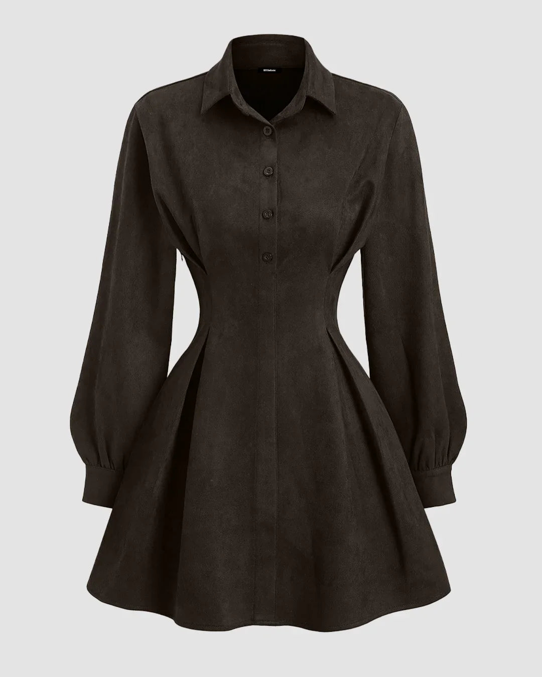 Suede Collared A-Line Mini Dress with Ruched Waist in Dark Brown