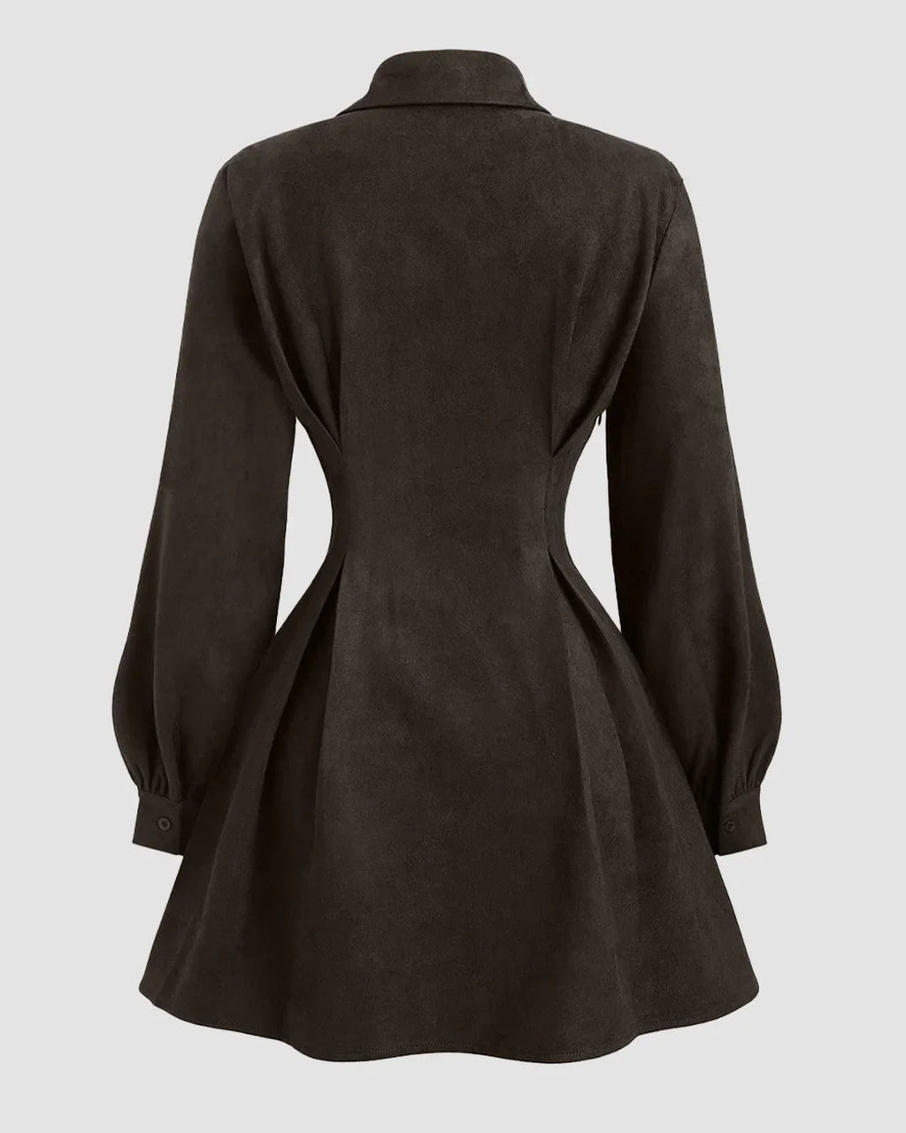 Suede Collared A-Line Mini Dress with Ruched Waist in Dark Brown