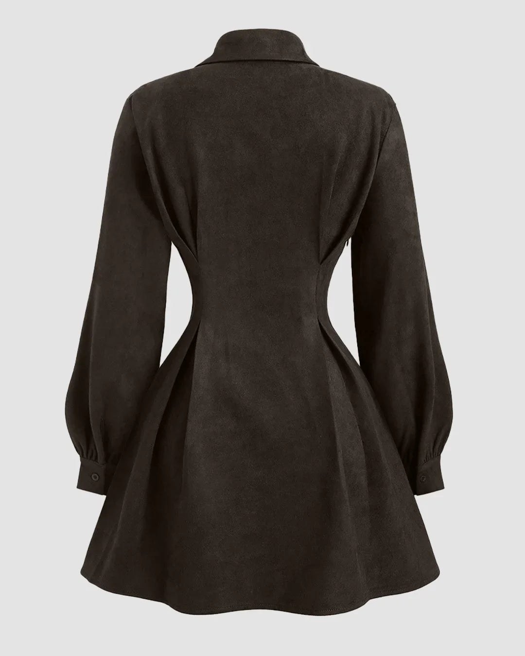 Suede Collared A-Line Mini Dress with Ruched Waist in Dark Brown