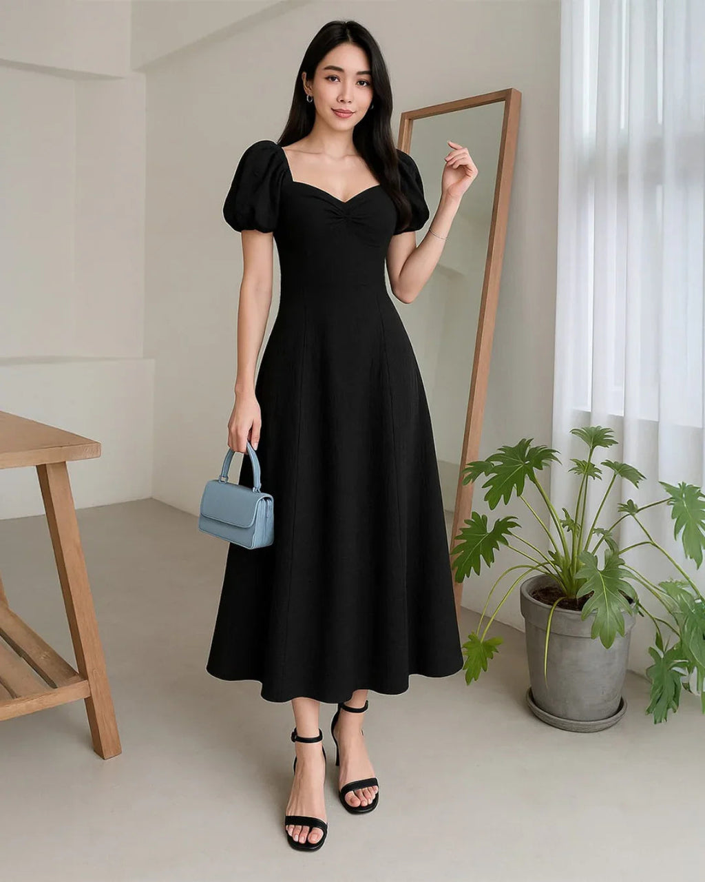 Summer Elegant Solid Color Puff Sleeve Cinch Waist Black Dress
