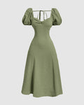 Summer Elegant Solid Color Puff Sleeve Cinch Waist Dress