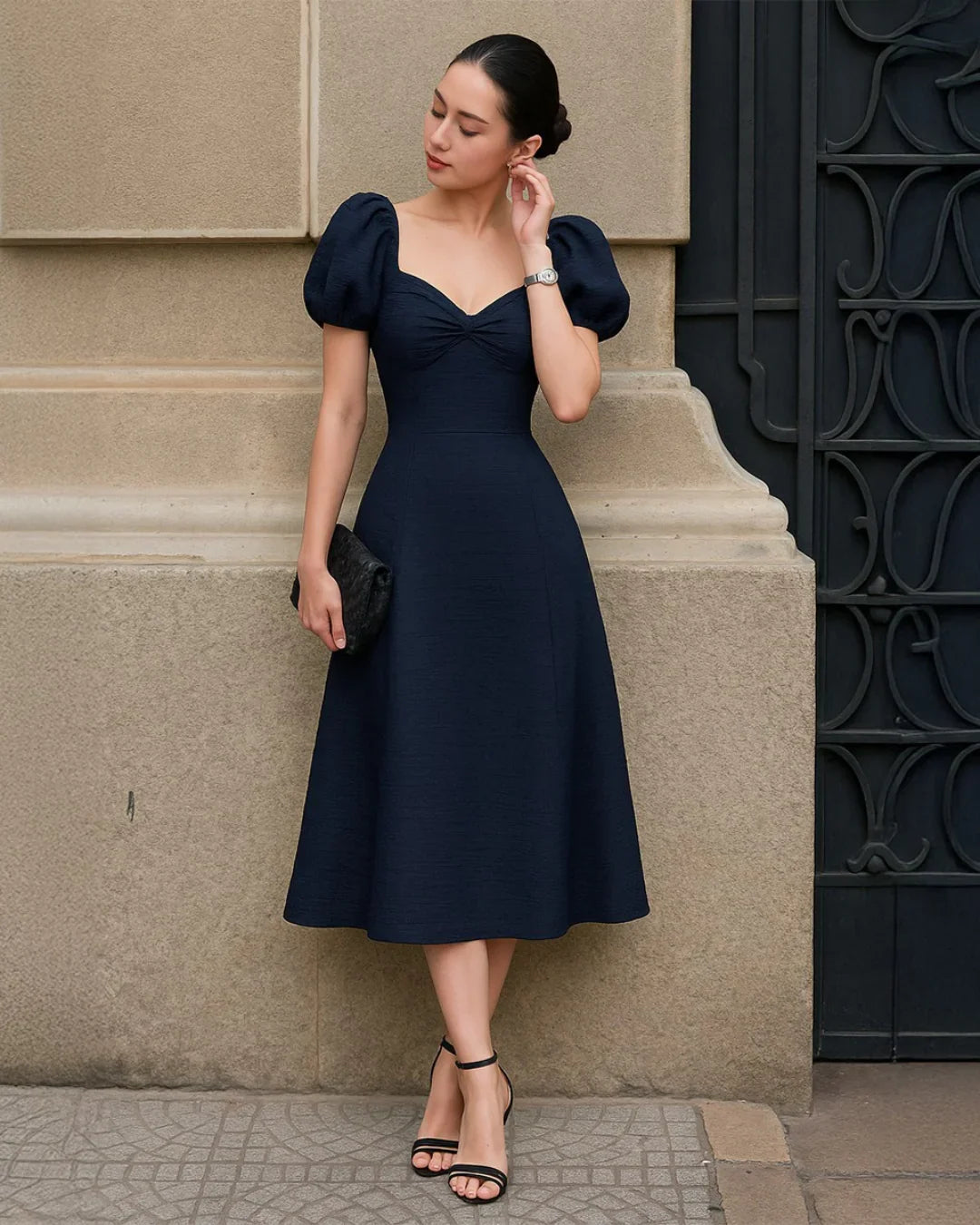 Cinched Waist Puff Sleeve Fit & Flare Midi Dress in Navy Blue
