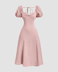 Cinched Waist Puff Sleeve Flare Dress in Powder Pink