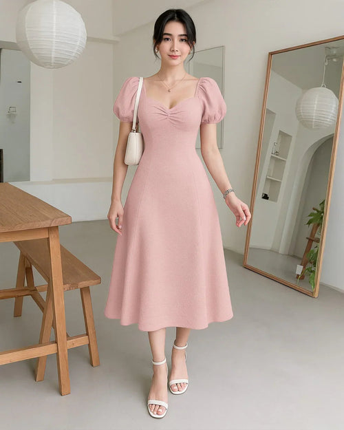 Cinched Waist Puff Sleeve Flare Dress in Powder Pink