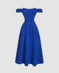 Blue Off The Shoulder Fit and Flare Midi Dress in Surf Blue