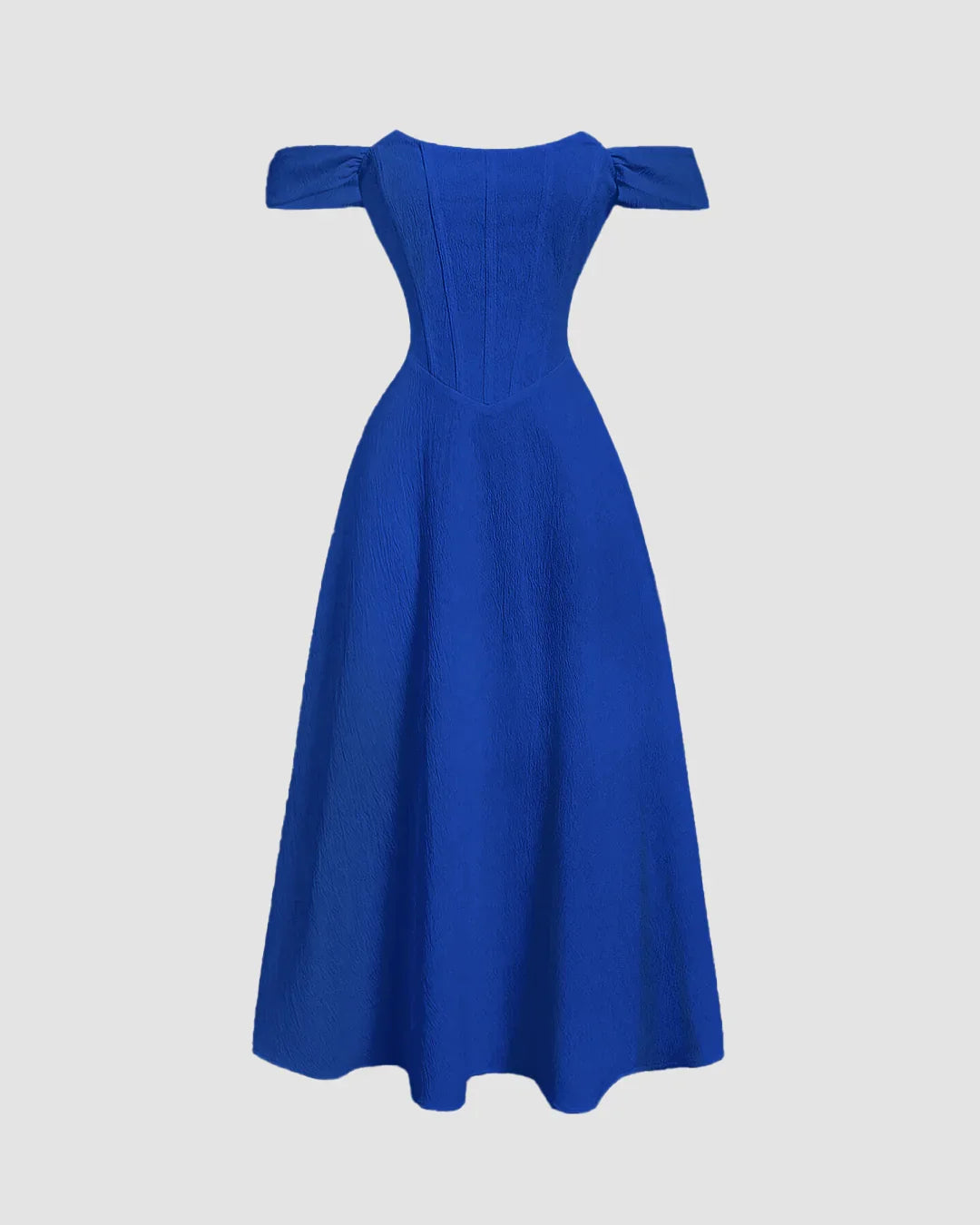 Blue Off The Shoulder Fit and Flare Midi Dress in Surf Blue