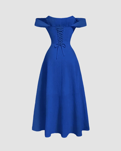 Blue Off The Shoulder Fit and Flare Midi Dress in Surf Blue