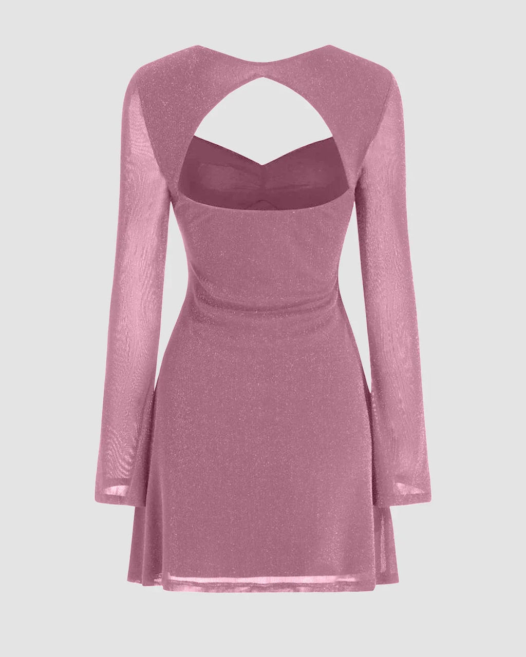 Sweetheart Bell Sleeve Glitter Cut Out Ruched Mini Dress in Pink