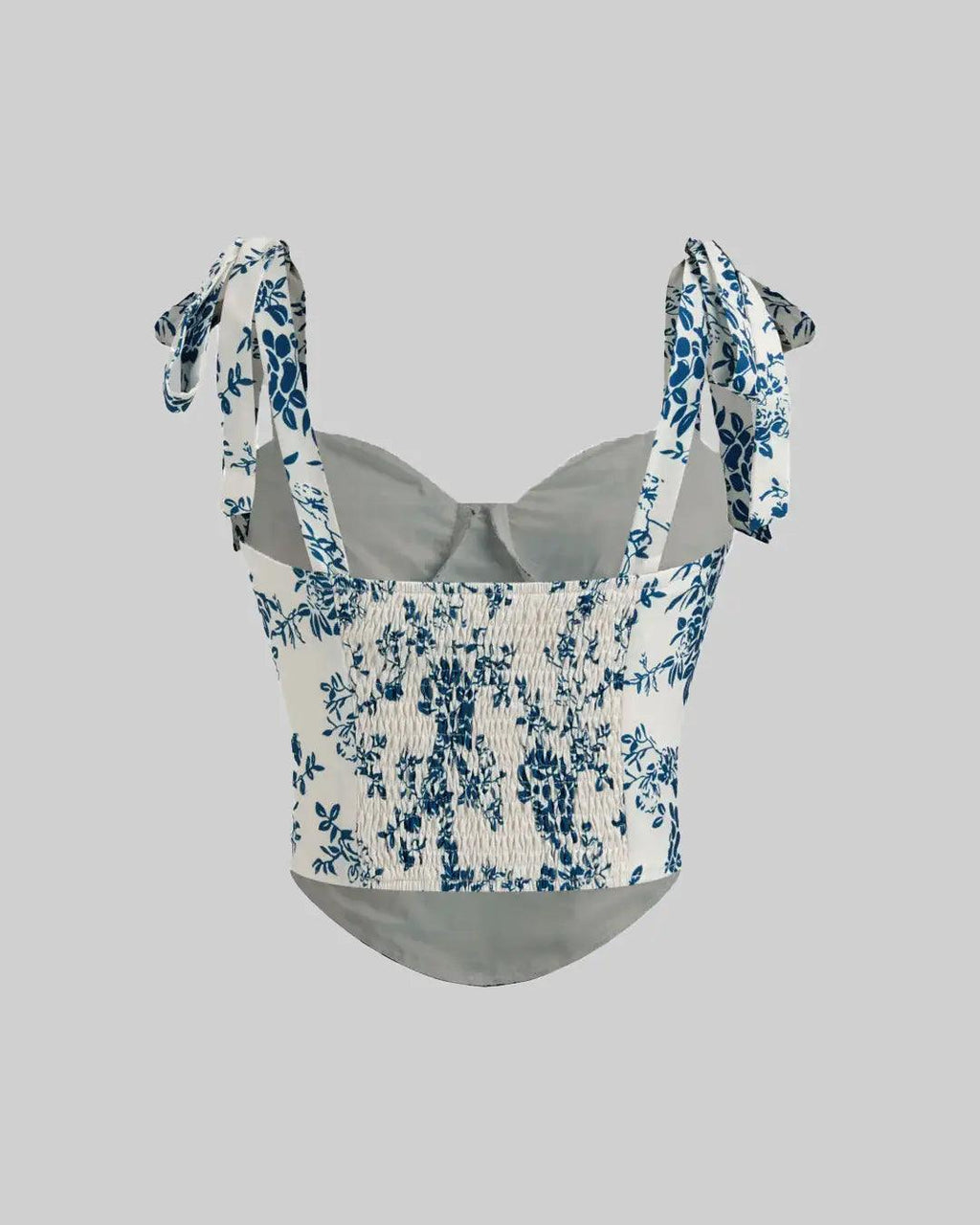 Sweetheart Floral Knotted Shirred Crop Tank Top