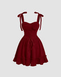 Sweetheart Neck Cherry Dress with Lace-Up Waist