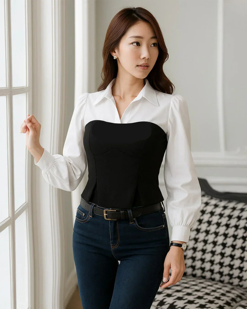 Sweetheart Neck Corset Style Camisole Top with Full Sleeves in Black and White