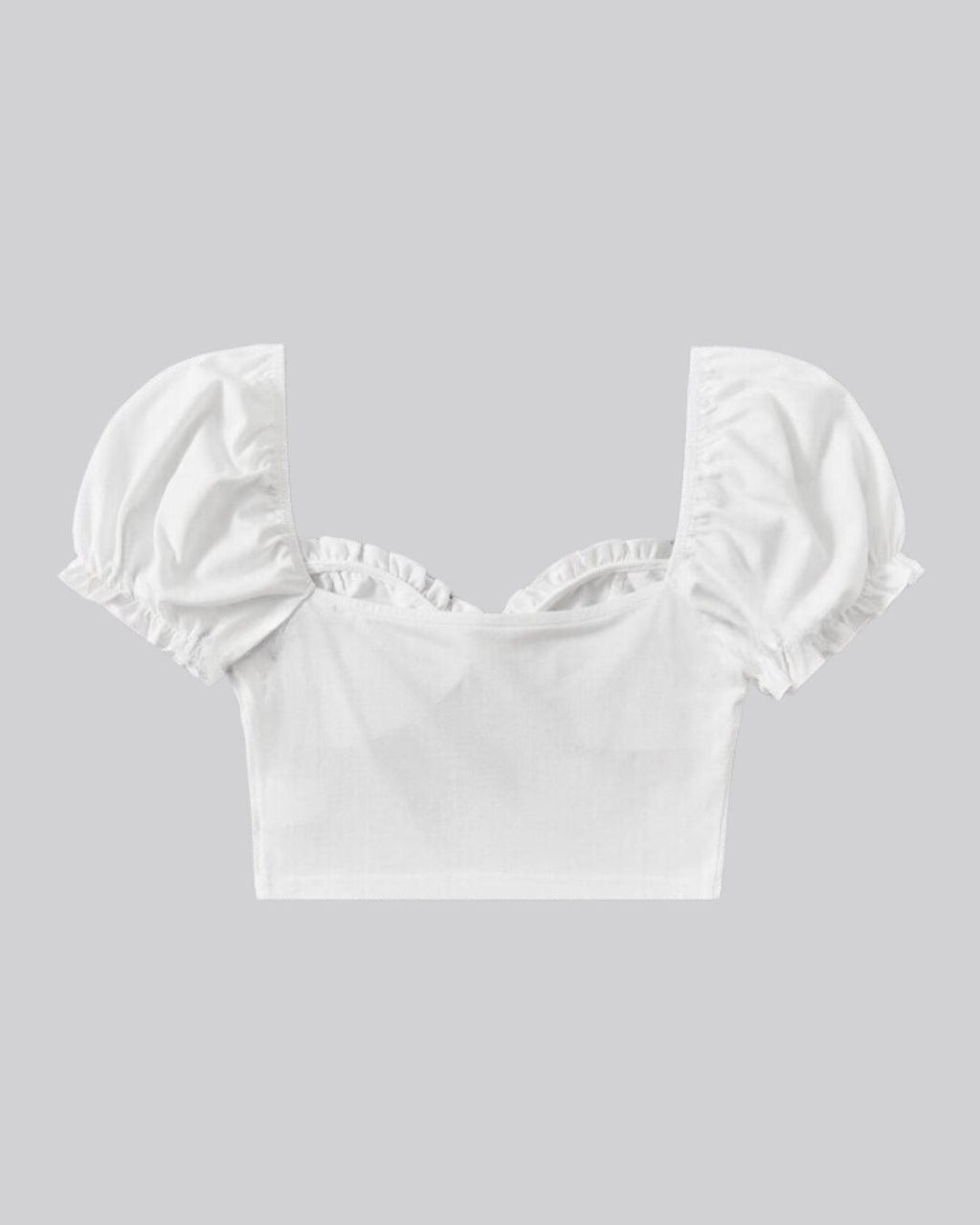 Sweetheart Neck Frill Trim Knot Front Puff Sleeve Crop White Top