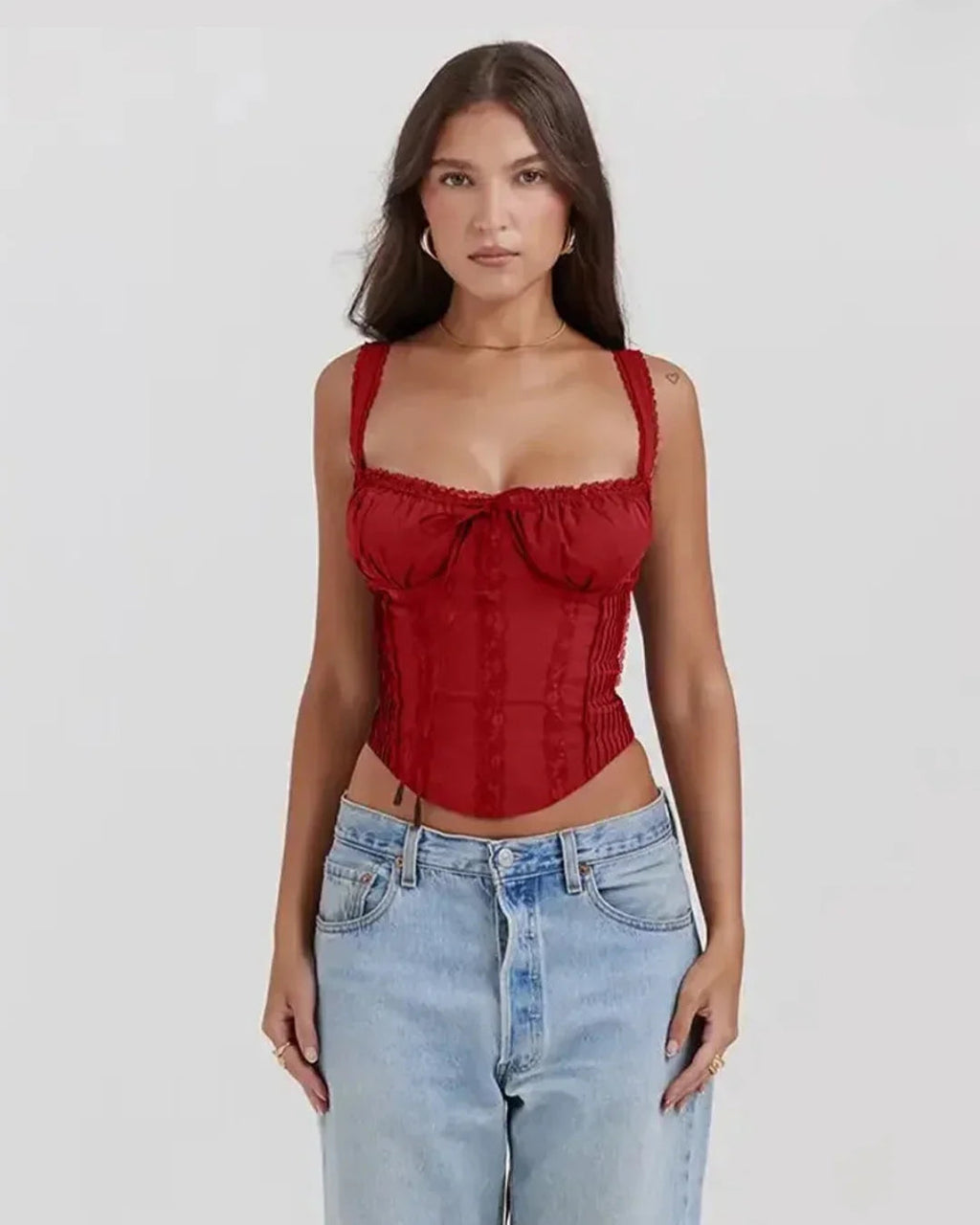 Sweetheart Neck Lace Detail Sleeveless Corset Top in Red