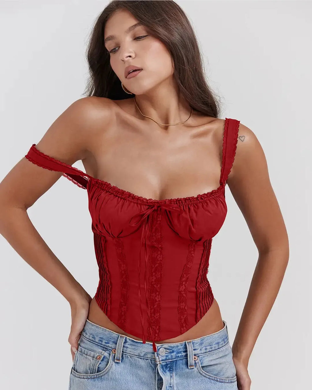 Sweetheart Neck Lace Detail Sleeveless Corset Top in Red