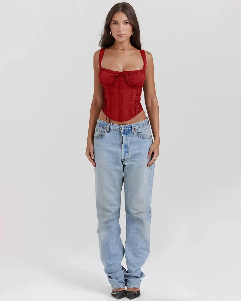 Sweetheart Neck Lace Detail Sleeveless Corset Top in Red