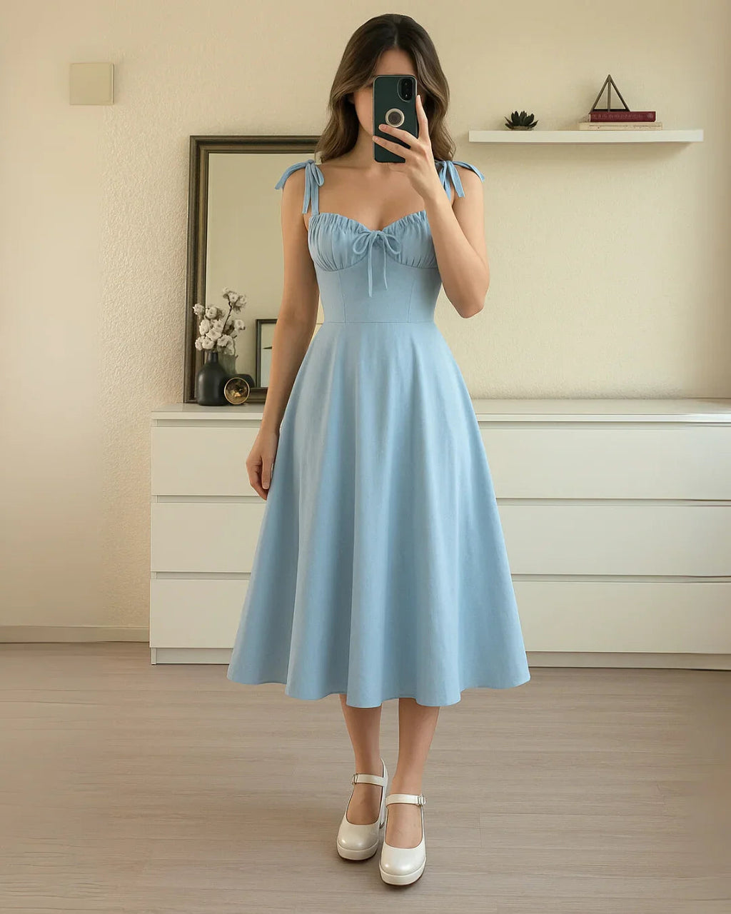 Sweetheart Neck Midi Dress with Shoulder Ties in Sky Blue