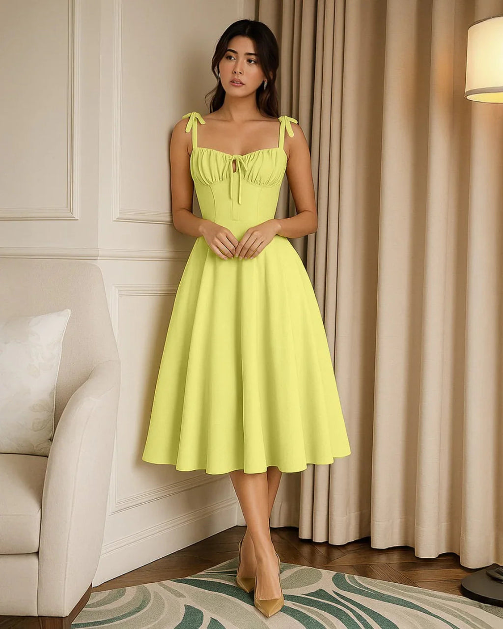 Sweetheart Neck Midi Dress with Shoulder Ties in Yellow