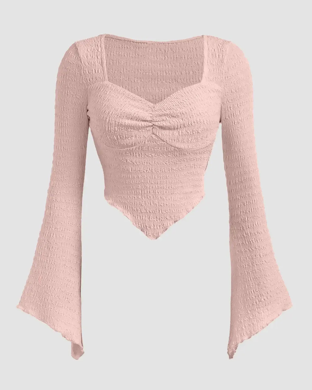 Sweetheart Neck Ruched Flared Long Sleeve Top in Pink