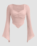Sweetheart Neck Ruched Flared Long Sleeve Top in Pink