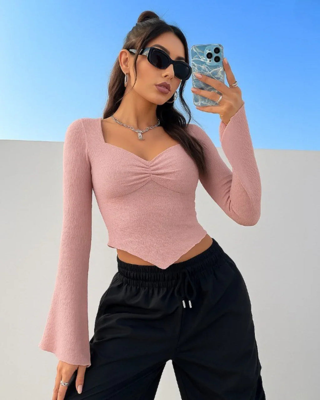 Sweetheart Neck Ruched Flared Long Sleeve Top in Pink
