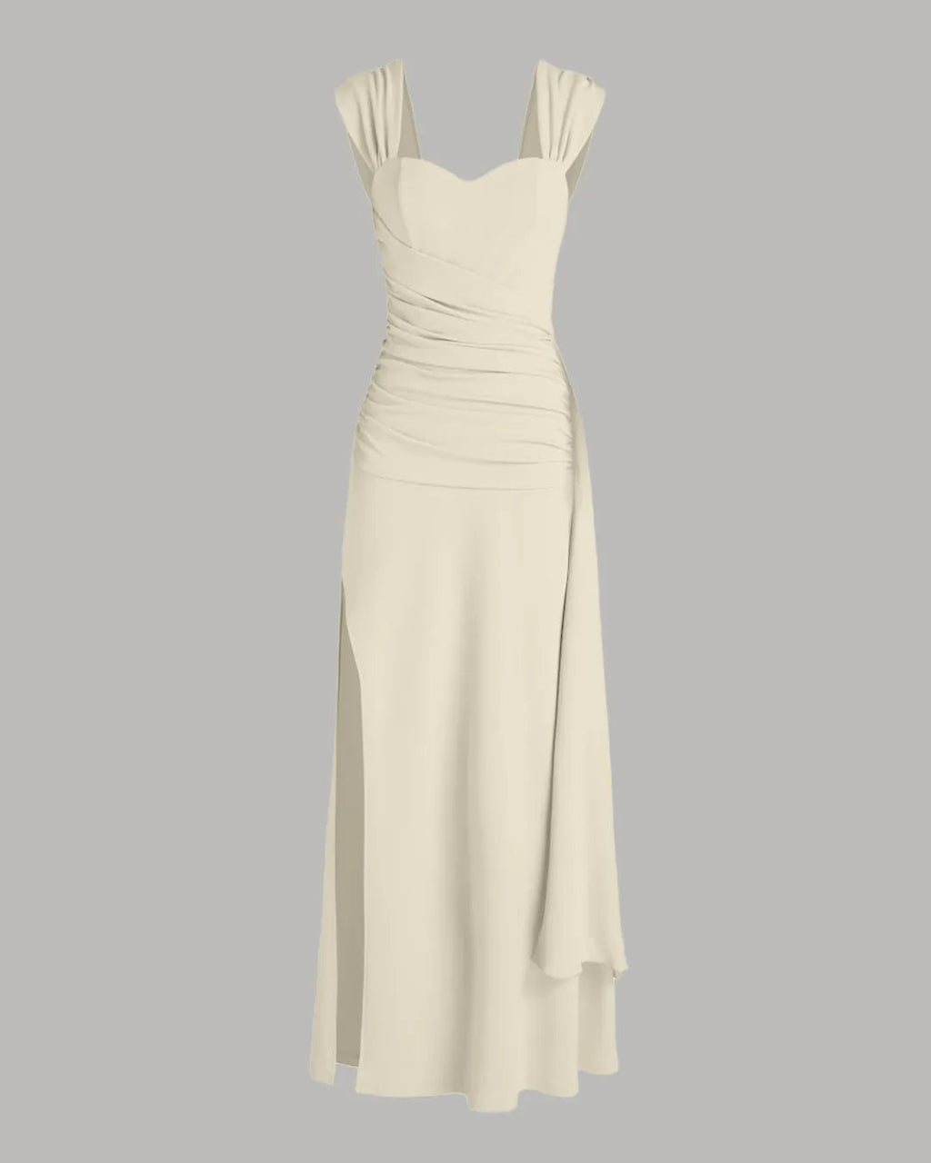 Sweetheart Neck Ruched Split Maxi Dress in Beige