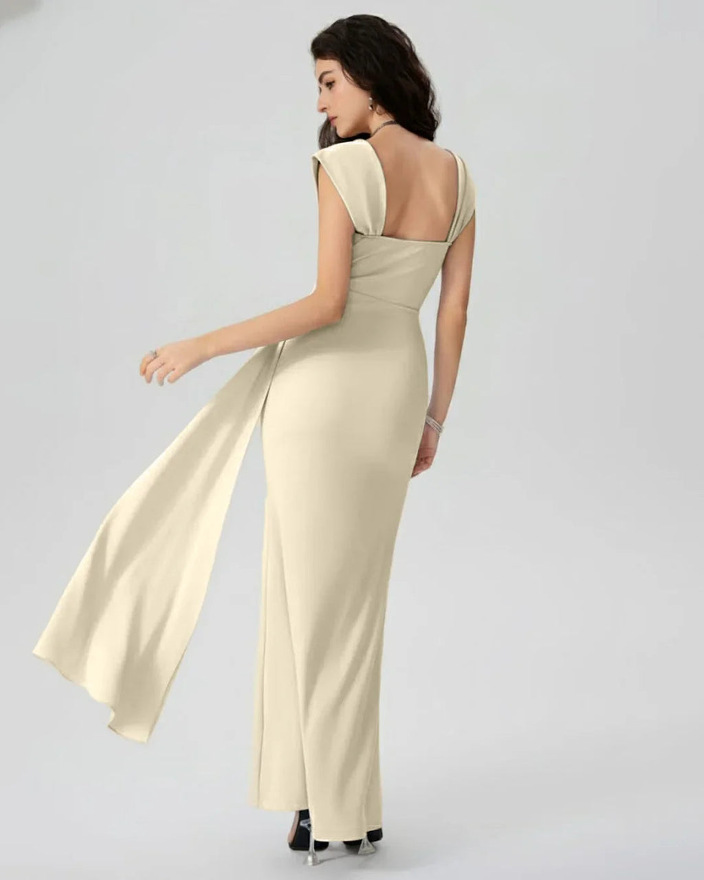 Sweetheart Neck Ruched Split Maxi Dress in Beige