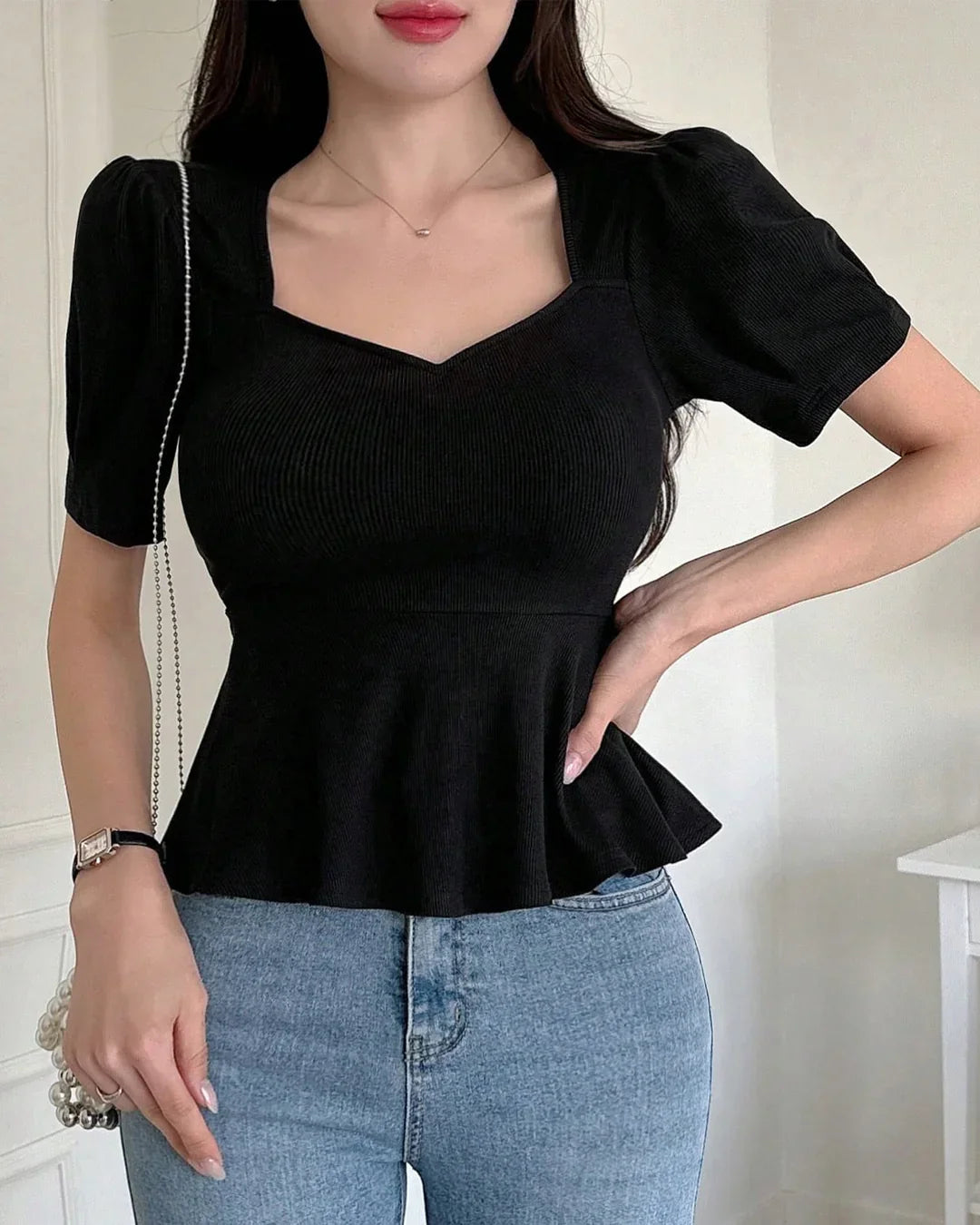 Sweetheart Neck Short Sleeve Back Knot Peplum Top in Black