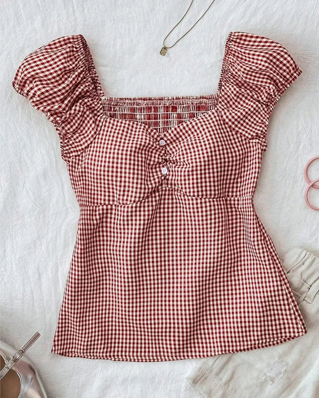 Sweetheart Neck Slim Fit Straight Hem Gingham Top in Red